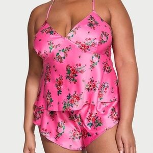 Victoria's Secret Pink Floral Satin Tiered Camisole & Short Set